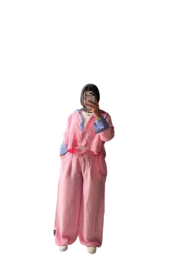 Women's Two-Piece Striped Casual Set: Layered Shirt with a Modern Design, Imported Treated Linen Fabric, Comfortable for Outings, University, and Travel, One Size Fits Up to 85 kg, Code 4078 - Image 1