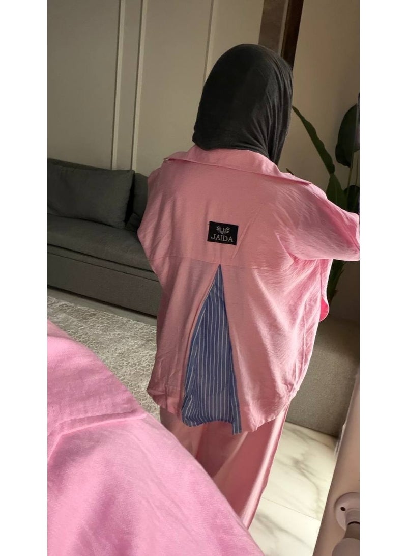 Women's Two-Piece Striped Casual Set: Layered Shirt with a Modern Design, Imported Treated Linen Fabric, Comfortable for Outings, University, and Travel, One Size Fits Up to 85 kg, Code 4078 - Image 2
