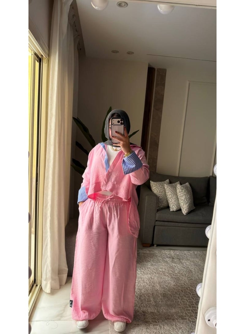 Women's Two-Piece Striped Casual Set: Layered Shirt with a Modern Design, Imported Treated Linen Fabric, Comfortable for Outings, University, and Travel, One Size Fits Up to 85 kg, Code 4078 - Image 5