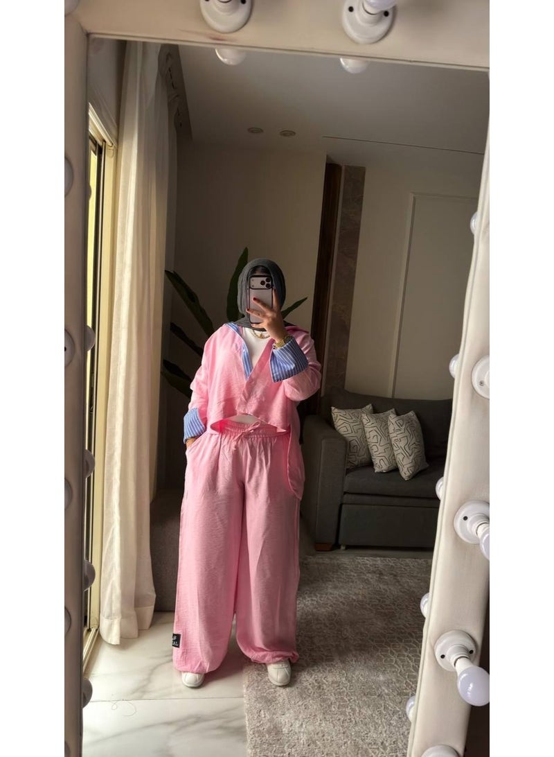 Women's Two-Piece Striped Casual Set: Layered Shirt with a Modern Design, Imported Treated Linen Fabric, Comfortable for Outings, University, and Travel, One Size Fits Up to 85 kg, Code 4078 - Image 3