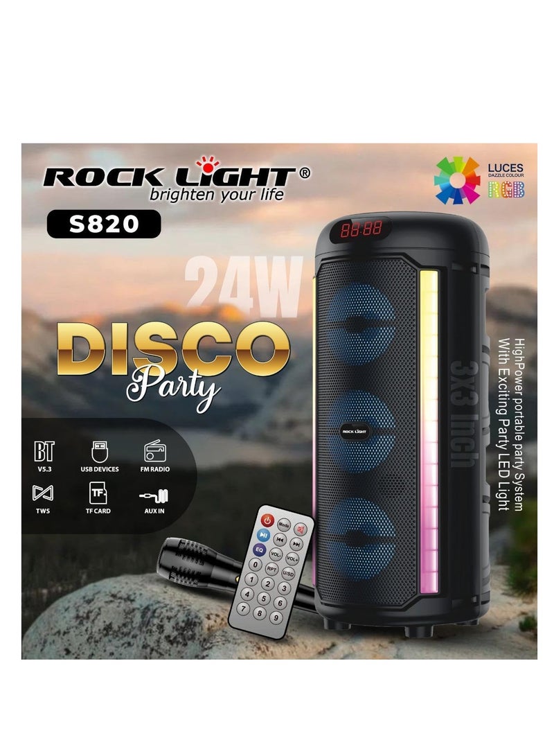 ROCK LIGHT سماعة بلوتوث محمولة S820، 24 واط حفلة ديسكو، أضواء LED، راديو FM، تحكم عن بُعد، مدخل USB/TF Card/AUX - Image 2