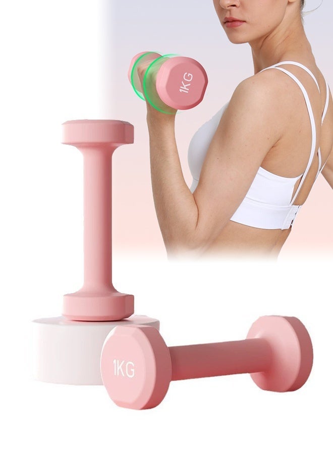 2pcs Rubber Wrapped Cast Iron Dumbbells Sports Fitness Hexagon Dumbbells, Women's Small Size, 1kg*2, High Quality Handheld Strength Training Equipment for Fitness, Home Use, Exercise, Weightlifting, Yoga, Pink