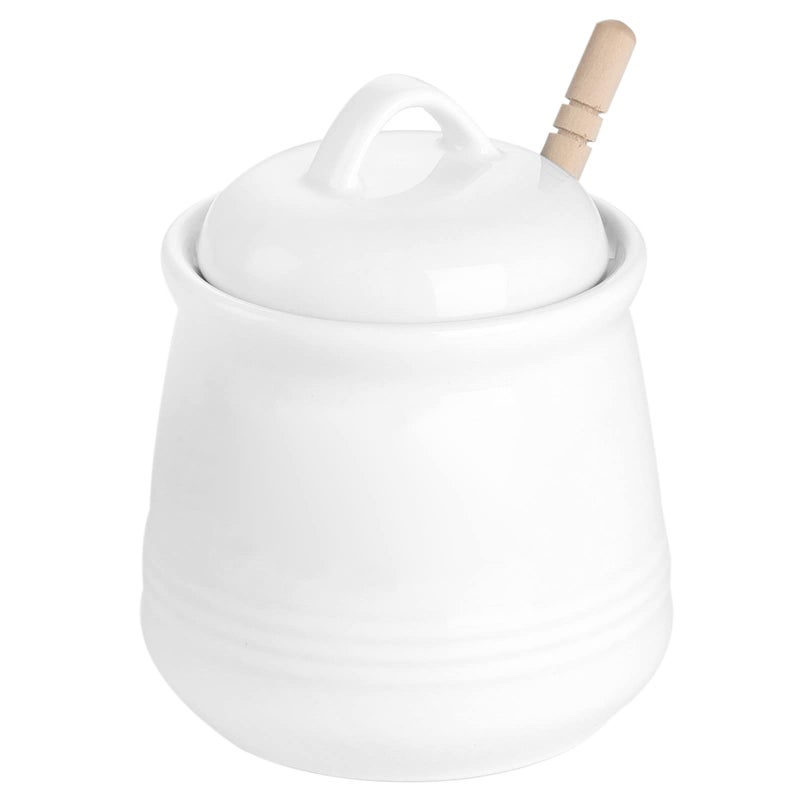 HAOTOP Ceramic Honey pot with Lid and Honey DipperPorcelain Honey Jar Easy to Clean and Dishwasher Safe12oz White