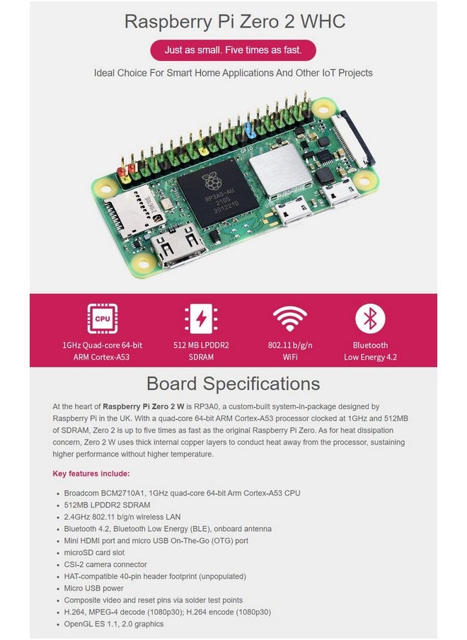Waveshare - Waveshare Package C Compatible with Raspberry Pi Zero 2 WHC Bundle with Zero V1.3 Camera Power Supply 5V/3A Micro Card 16GB Card Reader and So On (7 Items) with Pre-Solder Color Coded Pinheader - Image 1