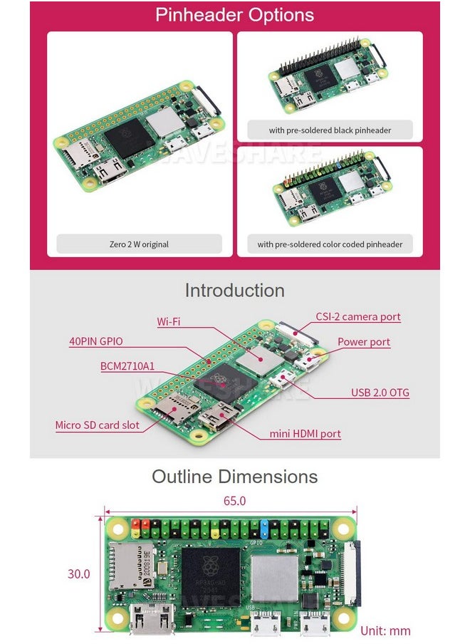 Waveshare - Waveshare Package C Compatible with Raspberry Pi Zero 2 WHC Bundle with Zero V1.3 Camera Power Supply 5V/3A Micro Card 16GB Card Reader and So On (7 Items) with Pre-Solder Color Coded Pinheader - Image 1