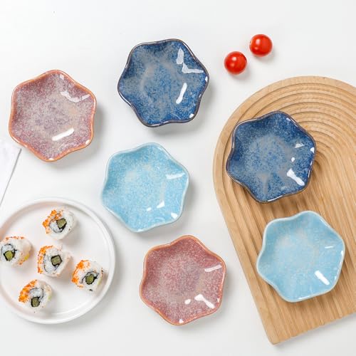 ZEBERBO Dipping Bowls Set of 6, Ceramic Soy Sauce Dishes, 2 oz Dipping Sauce Cups, chrysanthemum Round Small Side Dish Dishes for Dipping Sushi Tomato Soy Sauce Dish - Image 5