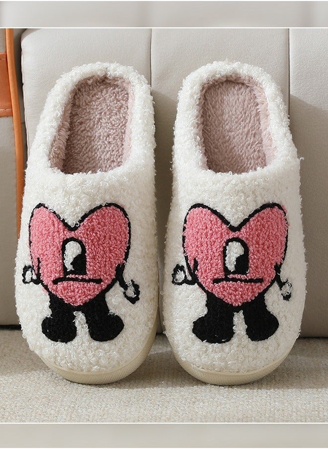 NIBEMINENT Lovely Cartoon Embroidery Warm Indoor Bedroom Slides Autumn and Winter Women Flat Household Slippers with Love Pattern White+Pink  - Image 2