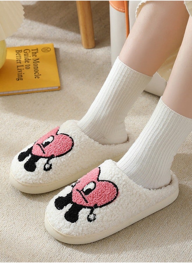 NIBEMINENT Lovely Cartoon Embroidery Warm Indoor Bedroom Slides Autumn and Winter Women Flat Household Slippers with Love Pattern White+Pink  - Image 1