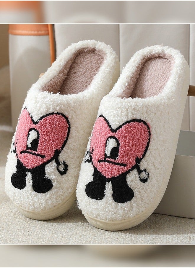 NIBEMINENT Lovely Cartoon Embroidery Warm Indoor Bedroom Slides Autumn and Winter Women Flat Household Slippers with Love Pattern White+Pink  - Image 3