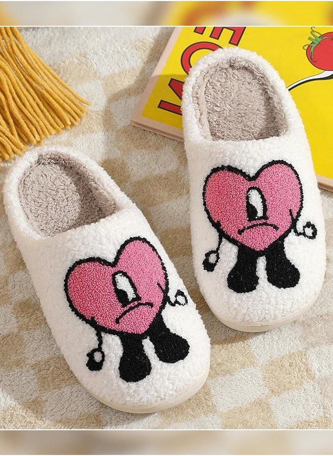 NIBEMINENT Lovely Cartoon Embroidery Warm Indoor Bedroom Slides Autumn and Winter Women Flat Household Slippers with Love Pattern White+Pink  - Image 4