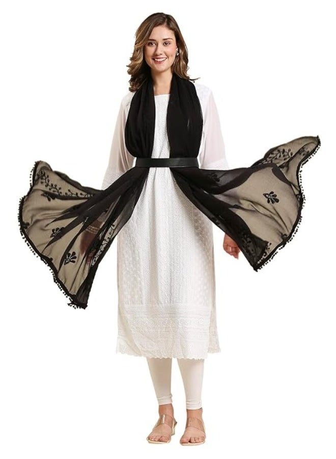 بازار دوباتا DUPATTA BAZAAR Women's Embroidered Black Chiffon Dupatta with Pom Pom lace - Image 4