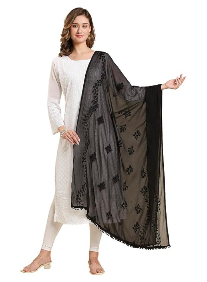 بازار دوباتا DUPATTA BAZAAR Women's Embroidered Black Chiffon Dupatta with Pom Pom lace - Image 1