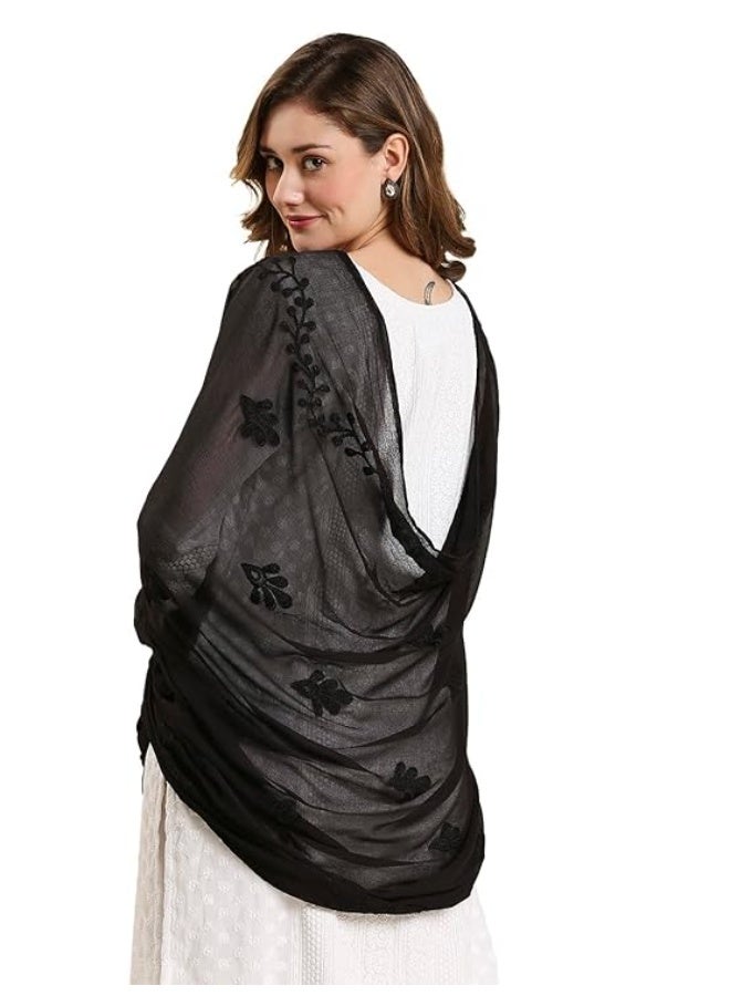 بازار دوباتا DUPATTA BAZAAR Women's Embroidered Black Chiffon Dupatta with Pom Pom lace - Image 2