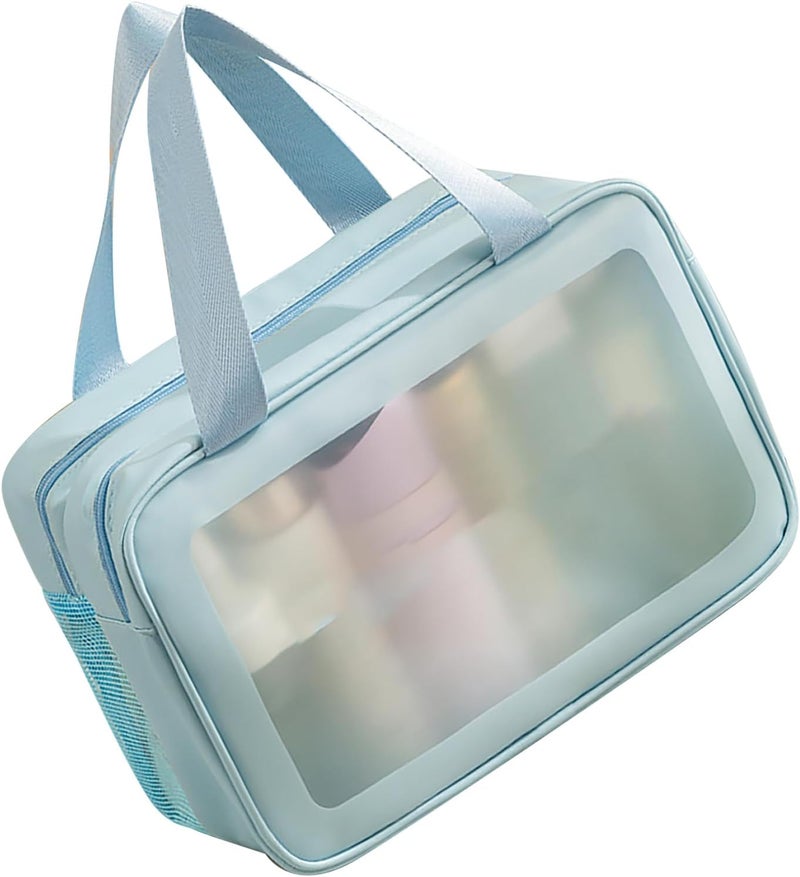 GLOGLOW Portable Double Layer Travel Makeup Bag, PVC Cosmetic with Increased Capacity for Toiletries and Accessories (Blue Large Size) - Image 5