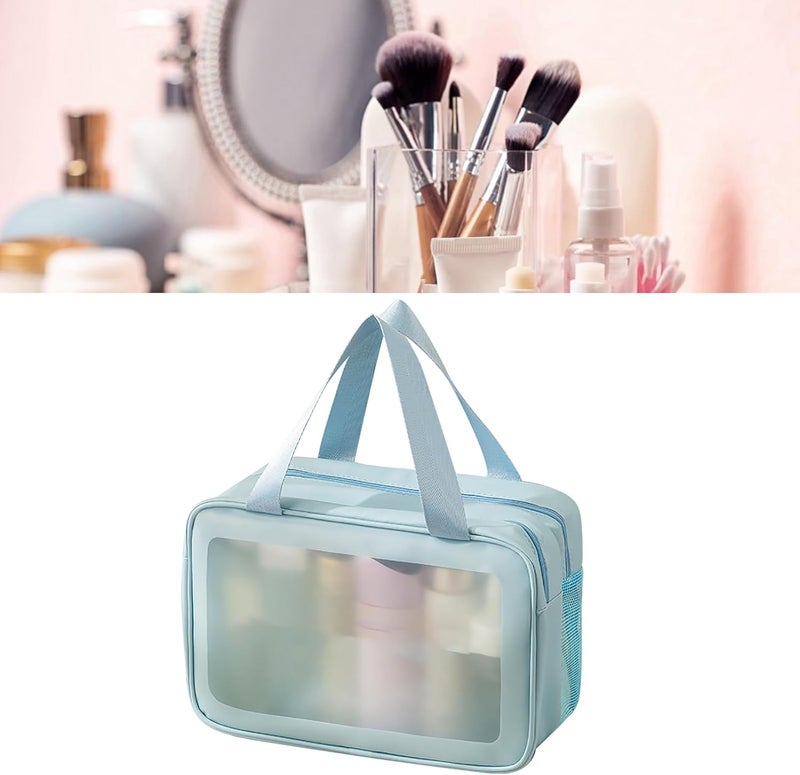GLOGLOW Portable Double Layer Travel Makeup Bag, PVC Cosmetic with Increased Capacity for Toiletries and Accessories (Blue Large Size) - Image 2