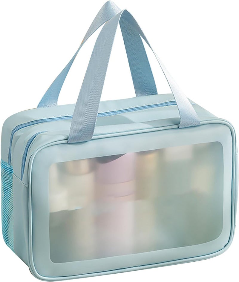 GLOGLOW Portable Double Layer Travel Makeup Bag, PVC Cosmetic with Increased Capacity for Toiletries and Accessories (Blue Large Size) - Image 4