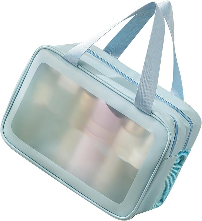 GLOGLOW Portable Double Layer Travel Makeup Bag, PVC Cosmetic with Increased Capacity for Toiletries and Accessories (Blue Large Size) - Image 3