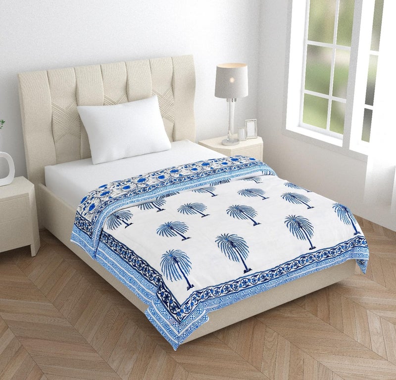 SIBLEY Hand Block Printed Pure Cotton Razai Quilts - (Indigo Blue, Single Bed (60X90 INCHES), Floral) - Image 1