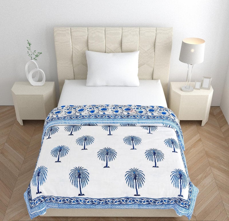 SIBLEY Hand Block Printed Pure Cotton Razai Quilts - (Indigo Blue, Single Bed (60X90 INCHES), Floral) - Image 2