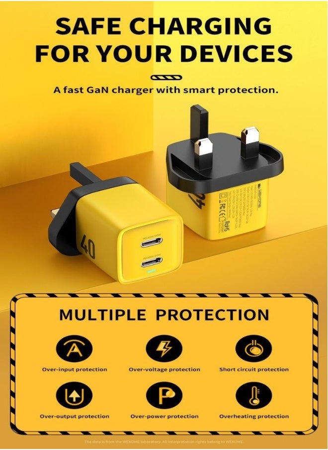 Generic - PD 40W USB C Charger iPhone 15 Pro Max Charger 40W/20W 2 Port iPad Fast Charger Type C Wall Plug Dual USB-C Samsung Charger PD Quick Charge Adapter Charger USB C Plug Phone Charger Yellow - Image 1
