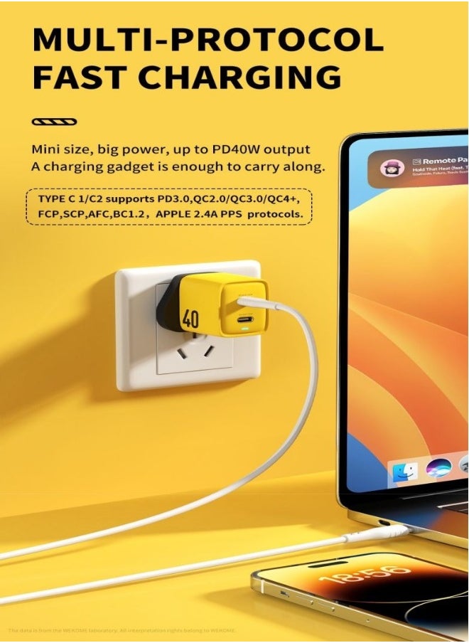 Generic - PD 40W USB C Charger iPhone 15 Pro Max Charger 40W/20W 2 Port iPad Fast Charger Type C Wall Plug Dual USB-C Samsung Charger PD Quick Charge Adapter Charger USB C Plug Phone Charger Yellow - Image 1