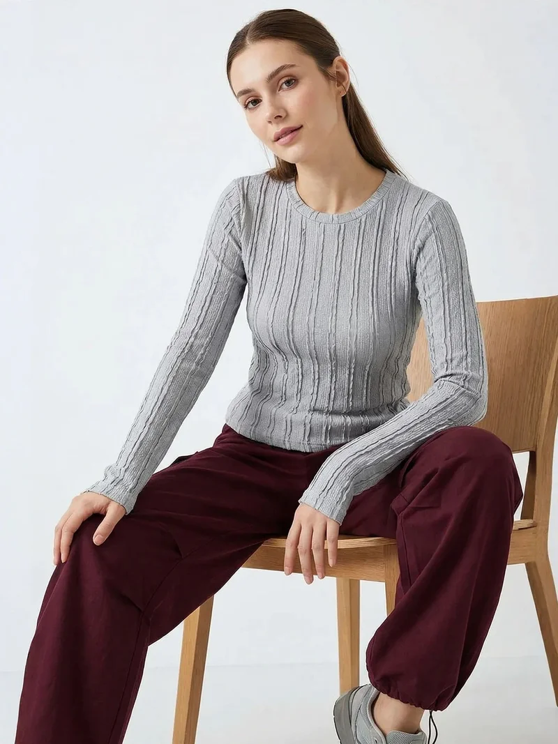 BIG DART BDART Ribbed Crew Neck Long Sleeve Blouse