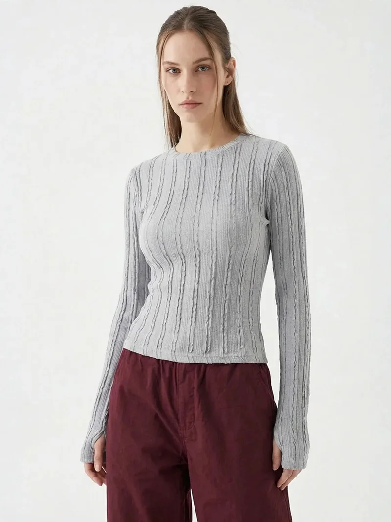 BIG DART BDART Ribbed Crew Neck Long Sleeve Blouse