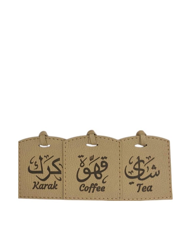 Bayti H.H. Selsela Leather Hanging Tags – Elegant Dallah Name Labels for Tea, Karak & Coffee Set D (Beige Set of 3)