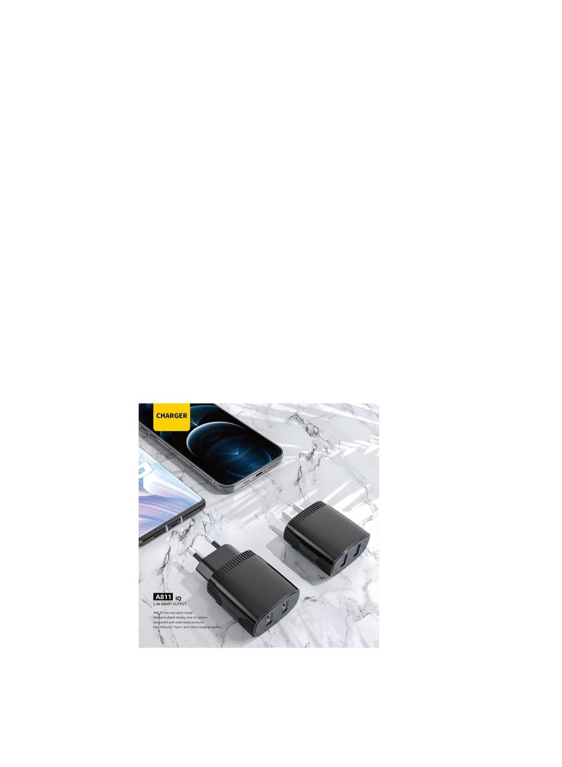 Aspor A811 2.4 A IQ Home charger Plus TYPE-C Cable 2 USB - Black - Image 2