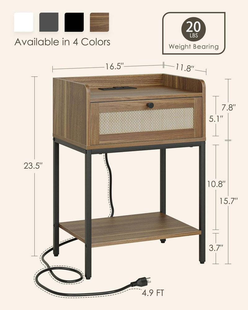 Masupu Nightstand with Charging Station, Modern Bedside Table Night Stand with Storage Drawer and Shelf,Small End Side Table for Bedroom,Living Room,Walnut Brown - Image 2