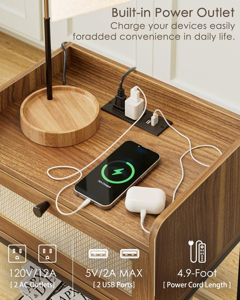 Masupu Nightstand with Charging Station, Modern Bedside Table Night Stand with Storage Drawer and Shelf,Small End Side Table for Bedroom,Living Room,Walnut Brown - Image 4