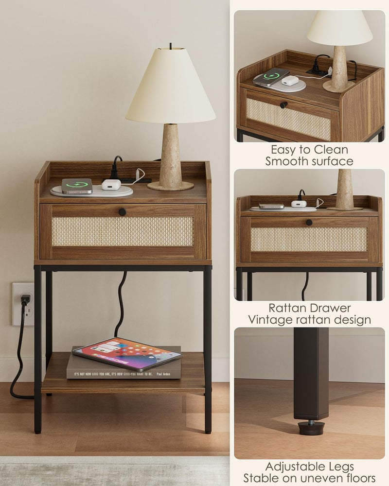 Masupu Nightstand with Charging Station, Modern Bedside Table Night Stand with Storage Drawer and Shelf,Small End Side Table for Bedroom,Living Room,Walnut Brown - Image 5