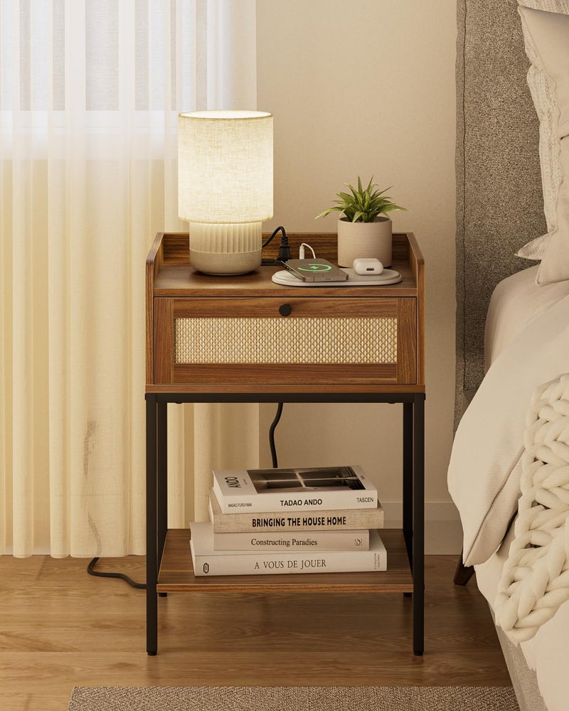 Masupu Nightstand with Charging Station, Modern Bedside Table Night Stand with Storage Drawer and Shelf,Small End Side Table for Bedroom,Living Room,Walnut Brown - Image 1