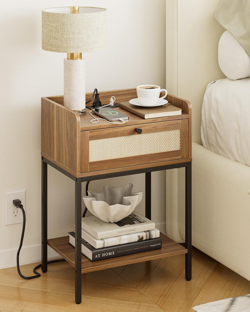 Masupu Nightstand with Charging Station, Modern Bedside Table Night Stand with Storage Drawer and Shelf,Small End Side Table for Bedroom,Living Room,Walnut Brown - Image 3