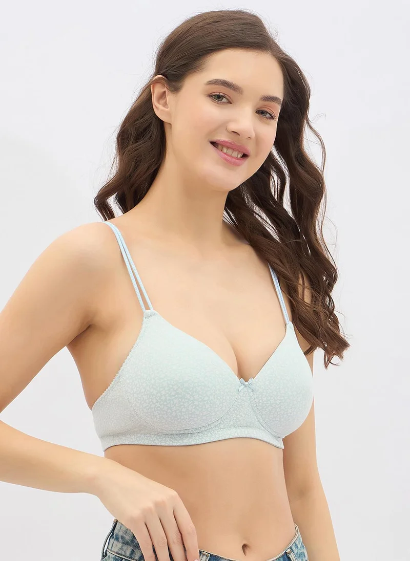 كلوفيا Clovia Padded Non-Wired Full Coverage Printed T-shirt Bra in Soft Blue - Cotton