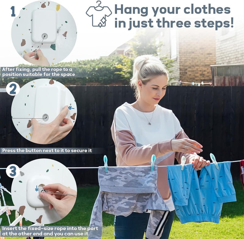 Retractable Clothesline Indoor Outdoor Clothes Line, Heavy Duty Adjustable Clothes Drying Line with Clip, Wall Mounted Clothes Line Outdoors Set Steel Wire Rope, Lock to Hanging - Image 3