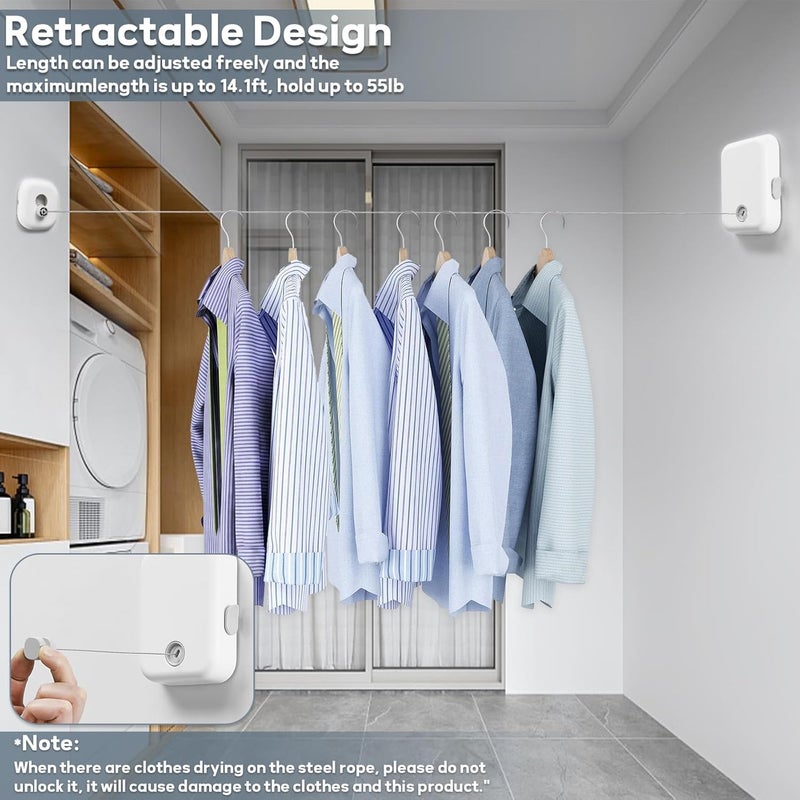 Retractable Clothesline Indoor Outdoor Clothes Line, Heavy Duty Adjustable Clothes Drying Line with Clip, Wall Mounted Clothes Line Outdoors Set Steel Wire Rope, Lock to Hanging - Image 2