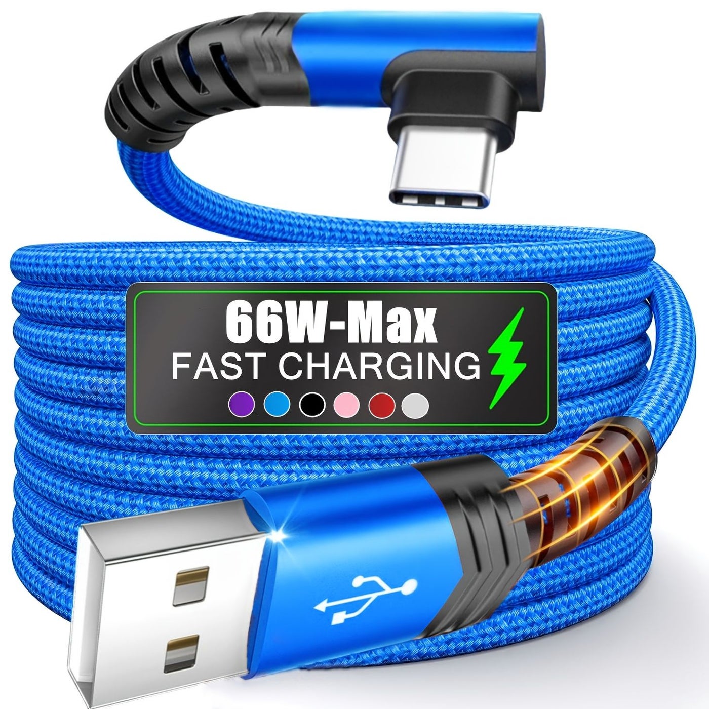 Right Angle Type C Fast Charging Cable 3m 9.9ft Blue Braided USB C Charger for Samsung Xiaomi Huawei Redmi Oppo Oneplus Smartphone