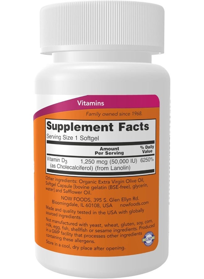 now Foods Supplements, Vitamin D-3 50,000 Iu Softgels, 50 Softgels - Image 2