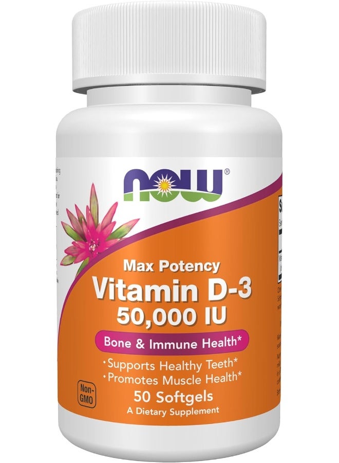 now Foods Supplements, Vitamin D-3 50,000 Iu Softgels, 50 Softgels - Image 1