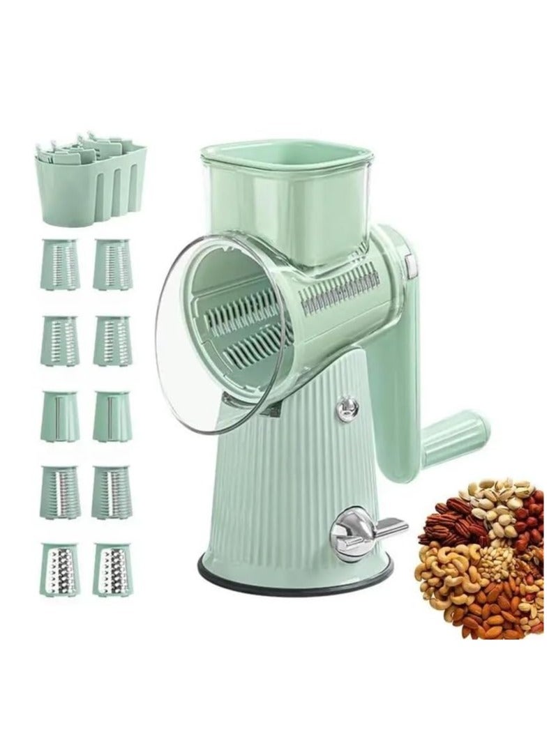 5 In 1 Rotary Cheese Grater With Handle Manual Vegetable Graters Shredder Slicer Nuts Grinder With Strong Suction Base(Green)