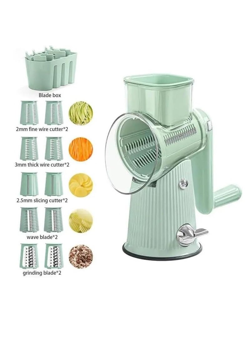 5 In 1 Rotary Cheese Grater With Handle Manual Vegetable Graters Shredder Slicer Nuts Grinder With Strong Suction Base(Green)