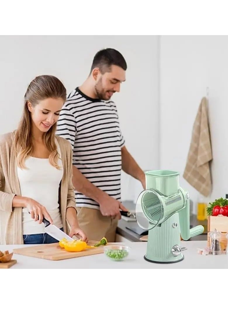 5 In 1 Rotary Cheese Grater With Handle Manual Vegetable Graters Shredder Slicer Nuts Grinder With Strong Suction Base(Green)
