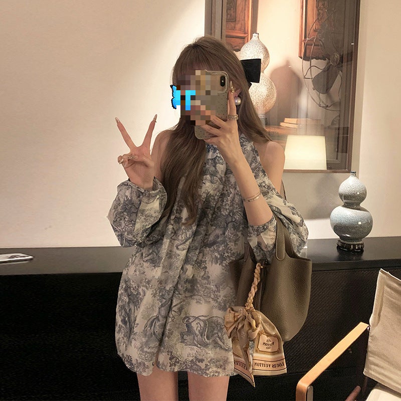 Vintage Ink Painting Printed Shirt Loose Design Sense Shoulder Summer New Style Elegant All-match Age-reducing Sweet and Spicy Top Off-shoulder loose shirt