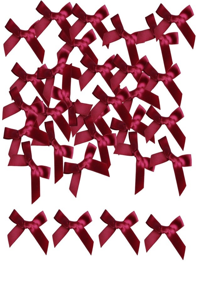 Meseey 100 Pcs Mini Burgundy Satin Ribbon Bows with Tape 1.5 Inch Self Adhesive Craft Bows Flowers Appliques DIY Craft for Sewing, Scrapbooking, Wedding, Gift,Christmas Decoration (Burgundy - Image 1