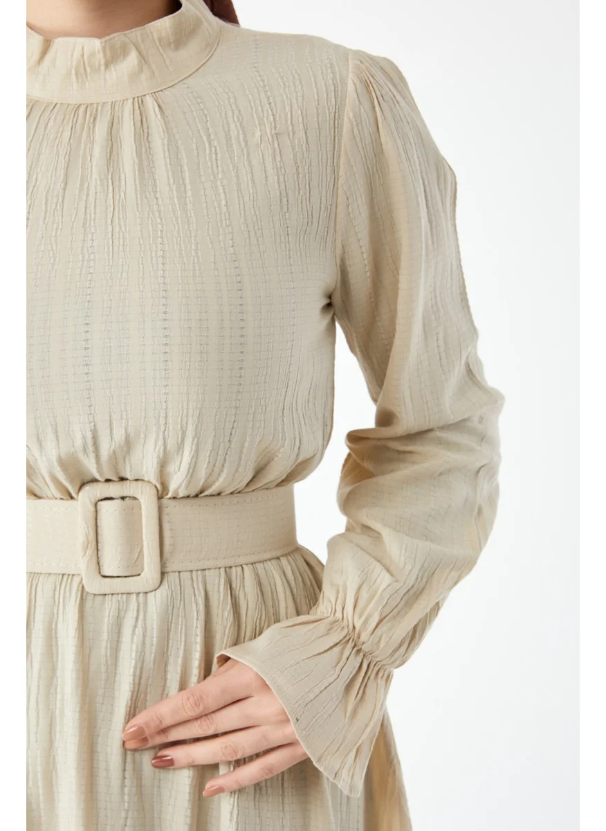 Tofisa 24507-BEJ Judge Collar Belted Dress