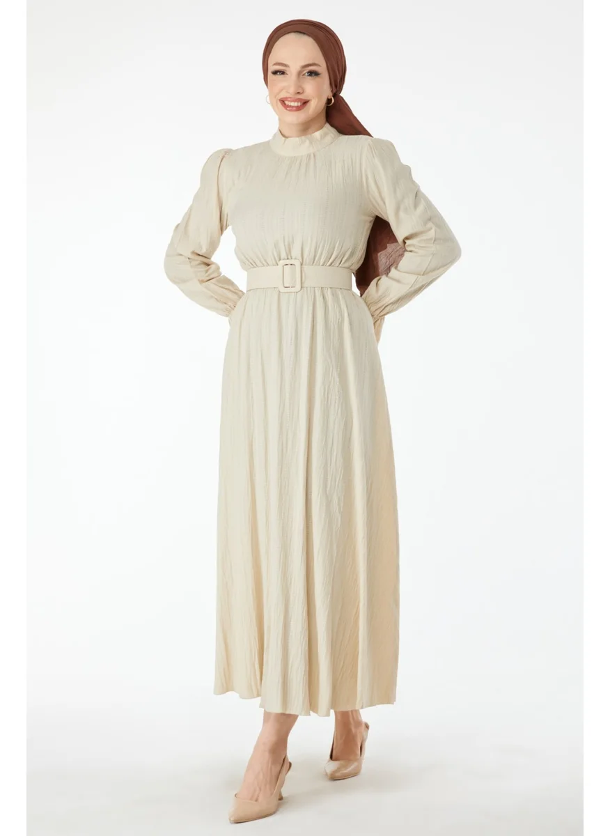 Tofisa 24507-BEJ Judge Collar Belted Dress