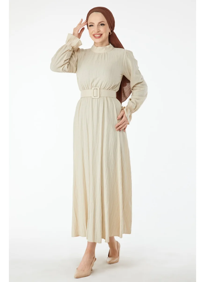 Tofisa 24507-BEJ Judge Collar Belted Dress