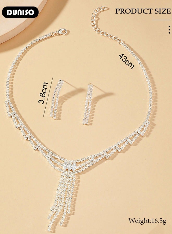 DUNISO 2 Pcs Bride Jewelry Set With Necklace and Earring Crystal Bridal Wedding Jewelry Set Bridesmaid Party Choker Necklace Drop Dangle Earrings Sets for Women and Girls  - Image 2