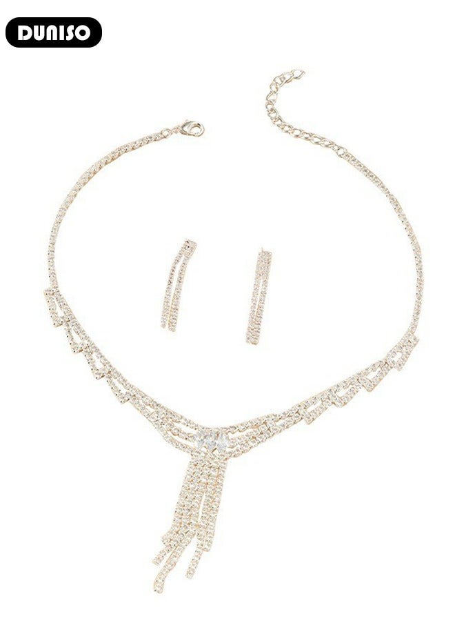 DUNISO 2 Pcs Bride Jewelry Set With Necklace and Earring Crystal Bridal Wedding Jewelry Set Bridesmaid Party Choker Necklace Drop Dangle Earrings Sets for Women and Girls  - Image 4